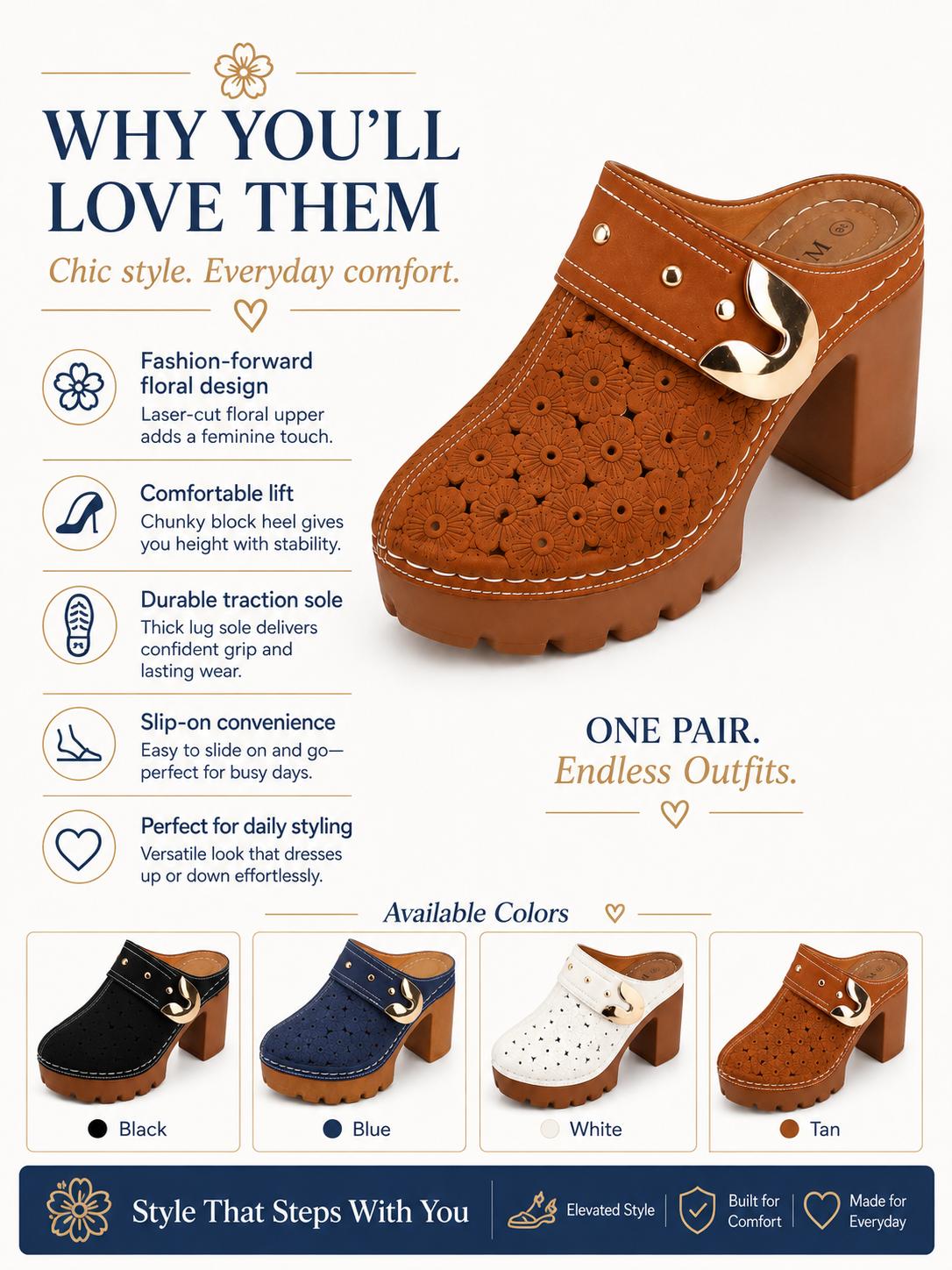 Elegant Platform Mules with Floral Cutout Upper Statement Gold Buckle & Stable Block Heel Stylish Comfy Confident