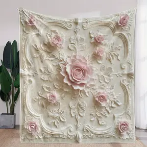 Luxury All-Season Flannel Blanket, Embossed Rose Floral Print Design - Soft, Comfortable, Suitable for Sofas, Beds, Cars, Offices, Camping And Travel - Elegant Pink Roses on White, Perfect Gift Choice