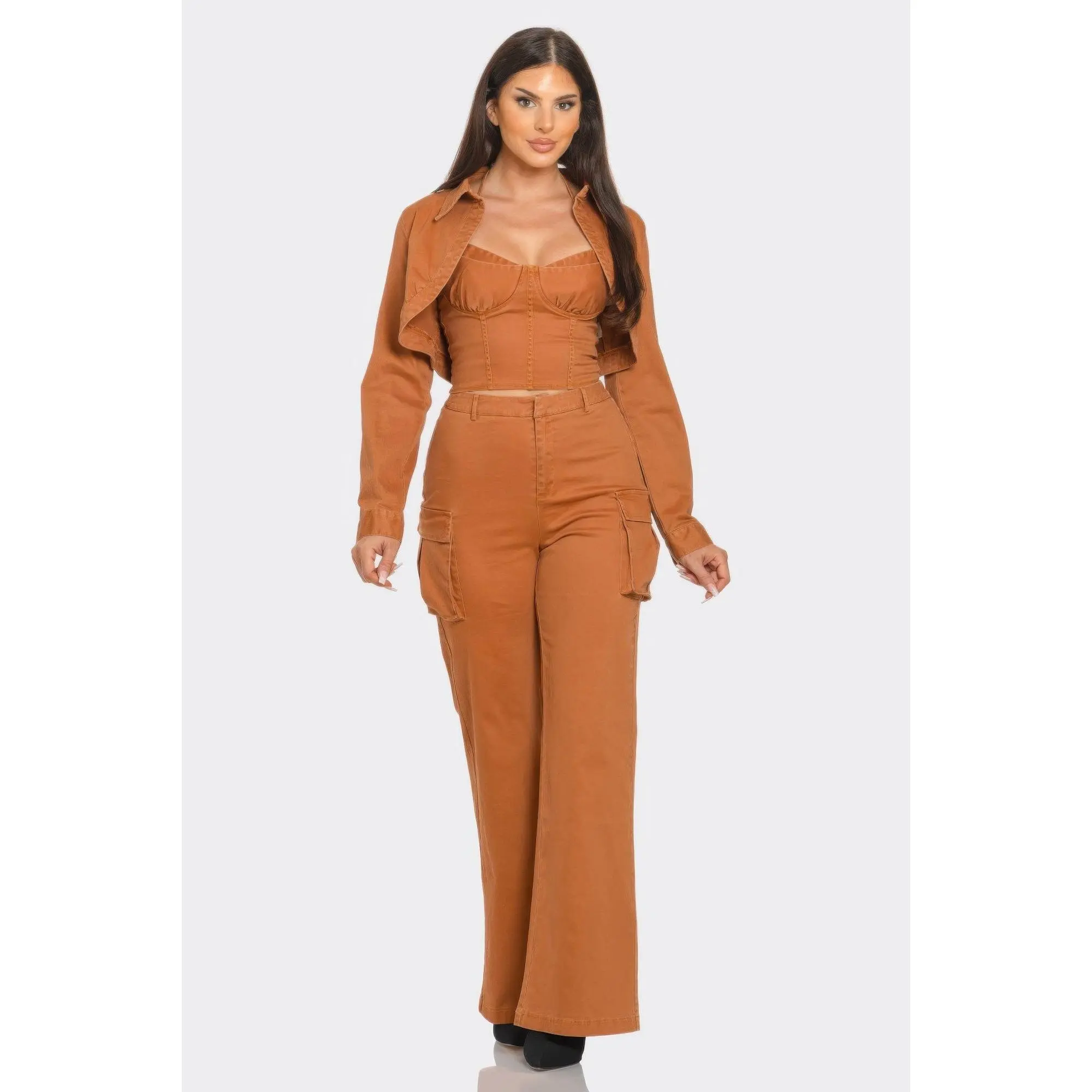 Crop Jacket 3pcs Set, Blouse, Cargo Pants, Wide Leg