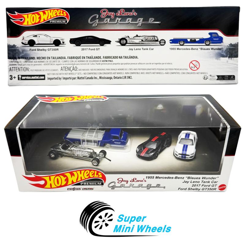 Hot Wheels Premium 1:64 Jay Leno Garage 4 Cars Set - Ford Shelby GT350R & 2017 Ford GT & Jay Leno Tank Car & 1955 Mercedes-Benz "Blaues Wunder"