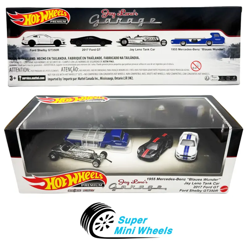 Hot Wheels Premium 1:64 Jay Leno Garage 4 Cars Set - Ford Shelby GT350R & 2017 Ford GT & Jay Leno Tank Car & 1955 Mercedes-Benz "Blaues Wunder"