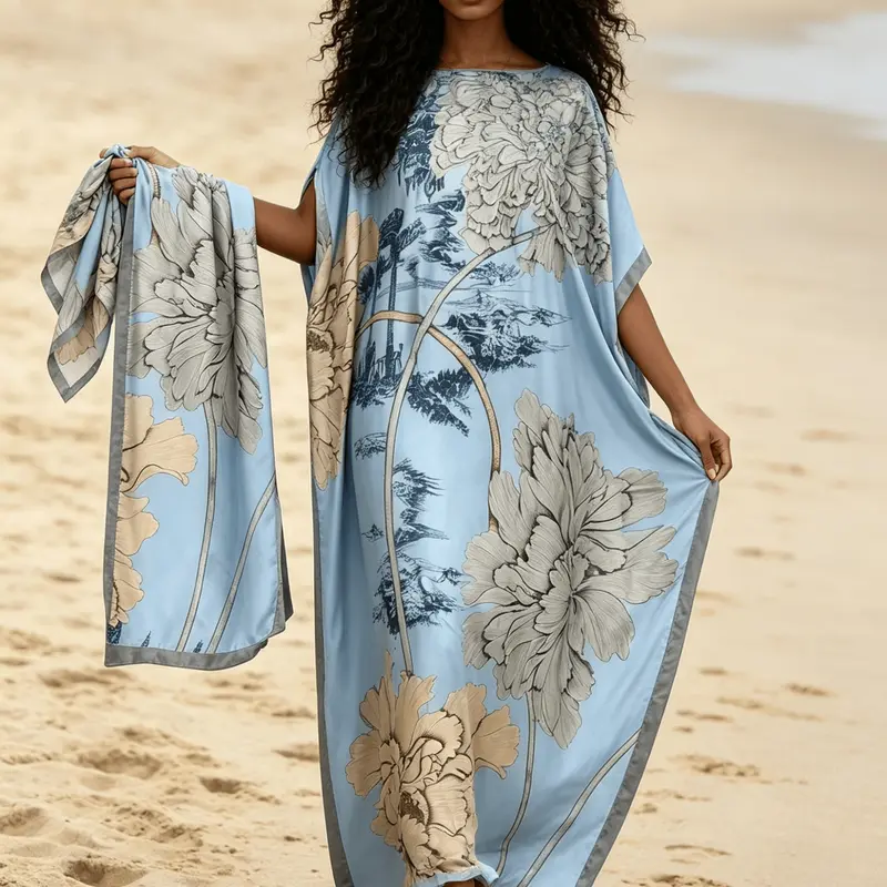 Women's Bohemian Kofta Dress Set, Casual Long Robe with Scarf, All-Over Print, Loose Fit, Perfect for Parties & Vacations, Boho