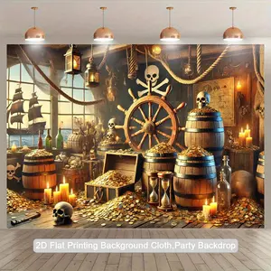 2D Flat, 1pc Pirate Treasure Room 2D Flat Banner - Pirate Ship Wheel, Treasure Chests & Skull Flags Design with Golden Coins & Nautical Decorations - Polyester Fabric Indoor/Outdoor Party Backdrop for Birthday, Halloween, Pirate Themed Events - No