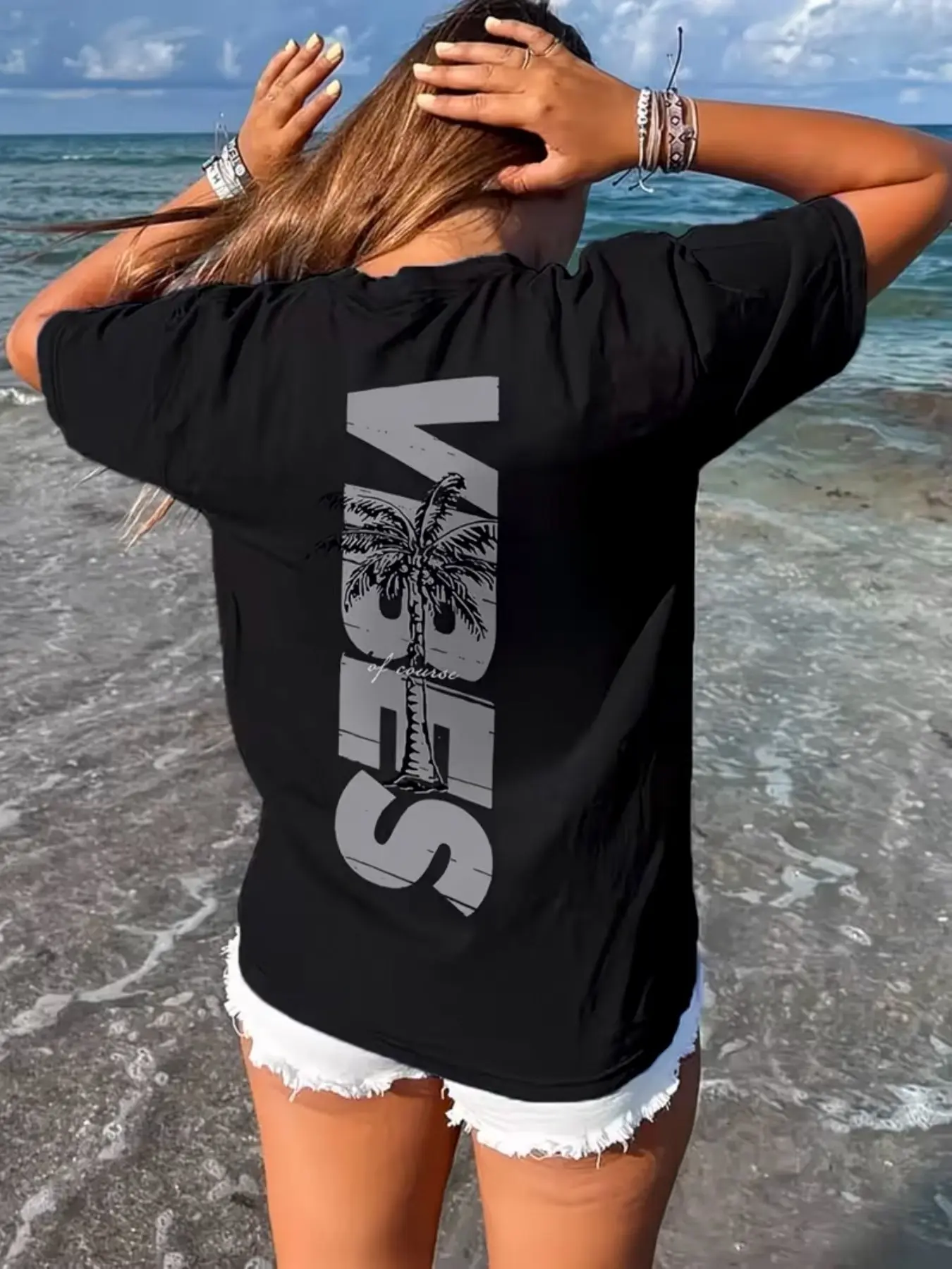 VIBES Palm Tree Beach Graphic Fitted T-Shirt - Tropical Summer Casual Streetwear Style Wear