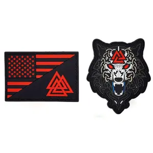 Odin Wolf Viking USA Flag Valknut Patch [2PC -PVC Rubber -Hook Fastener - OP1,WP5 ]