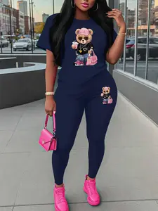 Pattern print Women's Tee & Skinny Pants Two-Piece Set Outfit, Casual Fashion Cozy Round Neck Short Sleeve Fitted T-Shirt & Trousers for Daily Outdoor Wear, Ladies Summer Clothes
