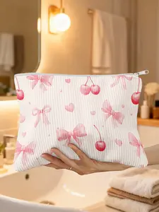1pc, Portable and Charming Valentine's Bows and Cherries Print Corduroy Cosmetic Bag, Large Capacity Makeup and Toiletry Storage Pouch for Travel and Everyday Use
