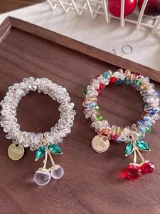 Crystal Ties Set, 2pcs Rhinestone Jewelry, Multifunctional Hair Accessory, Cherry Charm Elastic Rubber Bands for Weddings, Parties, Everyday Wear, Scrunchies