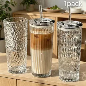 Viral Trending Aesthetic 3 Style Glacier Ribbed Diamond Glass Iced Coffee Cup with Lid and Straw, Large Thickened Reusable Tumbler Dishwasher Safe Leak Proof, for Americano Cold Brew Latte Smoothies Boba, Coffee Bar Accessories, Gift for Her Home Office