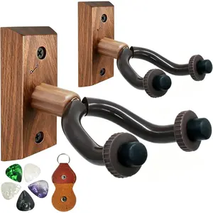 Guitar Wall Hanger, 2 Pack Black Walnut Guitar Wall Mount, Guitar Hanger Sets with 5 Picks and Holder,  Guitar Hooks for Acoustic/Electric Guitar,Banjo,Bass,Mandolin,Ukulele