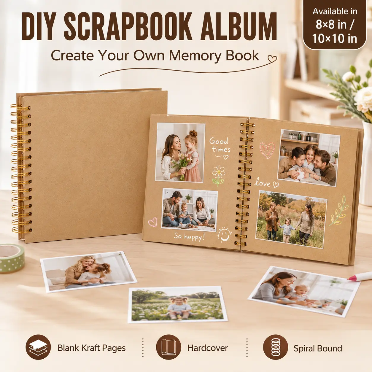 Customizable Hardcover Kraft Paper Memory Book, Scrapbook Photo Album Fits 4x6/5x7" Pictures, Wedding Guest Book & Keepsake Gift for Special Occasions