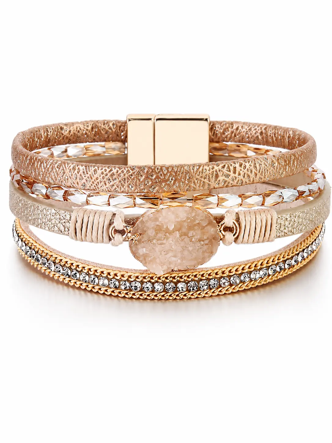 Women's Boho Layered Round Flush Non-Natural Crystal Druzy Bracelet - Gold Alloy Chain, Leather Stackable, Rhinestone Magnetic Clasp Cuff, Hinge, Daily Wear Jewelry, Anniversary Gift, Youth-Focused Accessory