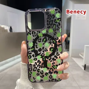 St. Patrick‘s Day Leopard Clover Fusion Pattern Magnetic Phone Case for iPhone 15 16 14 Pro Max 13 12 11 XR XS Plus E Clear Crystal Drop-proof Slim Silicone Shockproof Transparent Protective Cover Supports Wireless Charging
