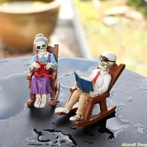A Pair of Couple Skeletons Enjoying Leisure Time on Rocking Chairs, Perfect for Romantic Afternoon Tea Decor, Suitable for Garden, Terrace, And Other Tabletop Ornaments, a Great Choice for Halloween Decorations, Outdoor Statues