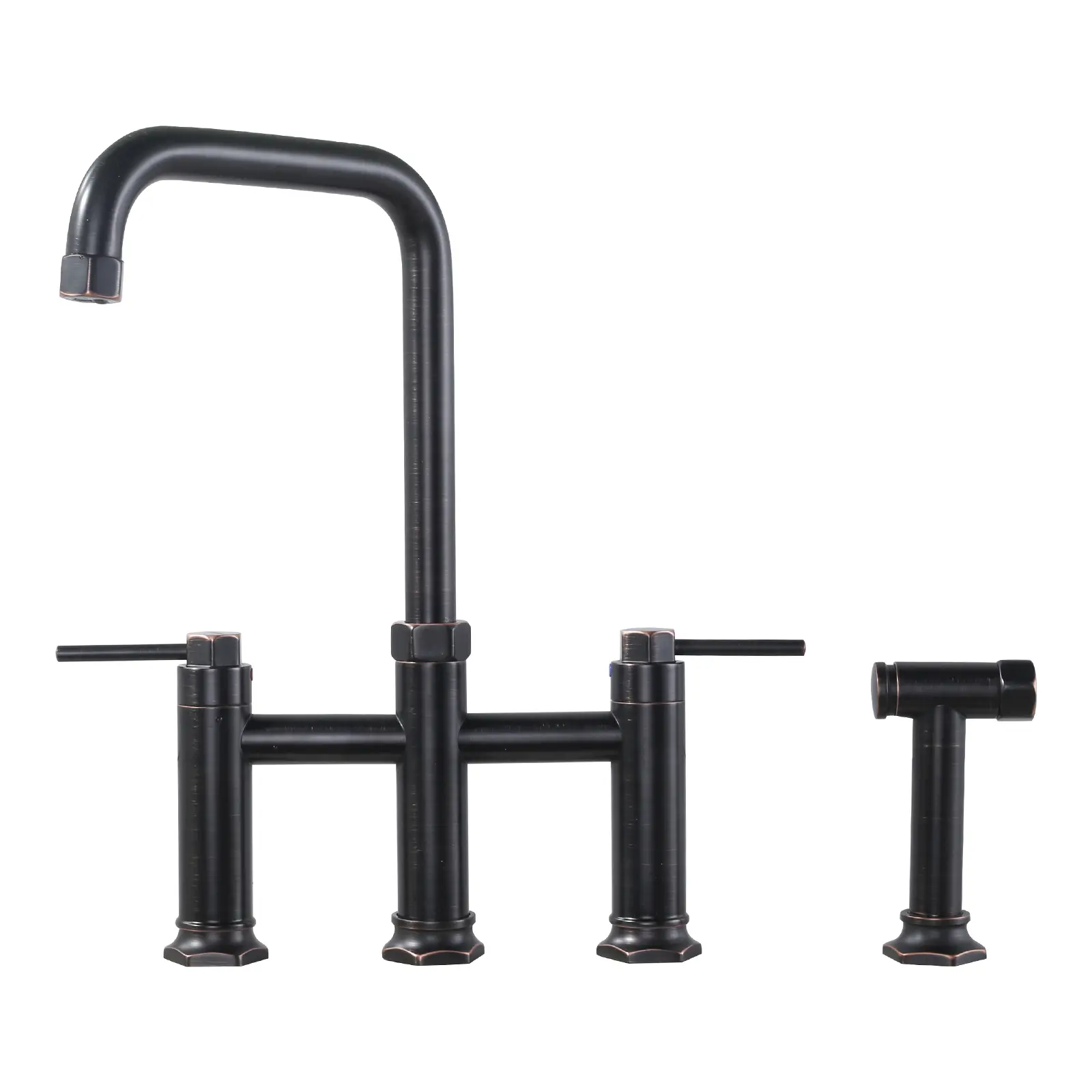 WOWOW Classic Traditional French Country Rustic Bridge Spout Brass Double-Handle Kitchen Faucet Complete Kit - 4-Hole Deck Mount, 1.8 GPM Faucet Aerator (2 Included), Sprayer Attachment, 59 in. Hose, Supply Lines (Dark Earthy Tones Oil Rubbed Bronze)