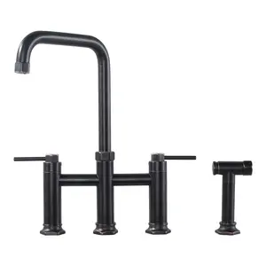 WOWOW Elegant Brass Double Handle Bridge Kitchen Faucet with Side Sprayer, 59 in. Hose, and Supply Lines in Oil Rubbed Bronze