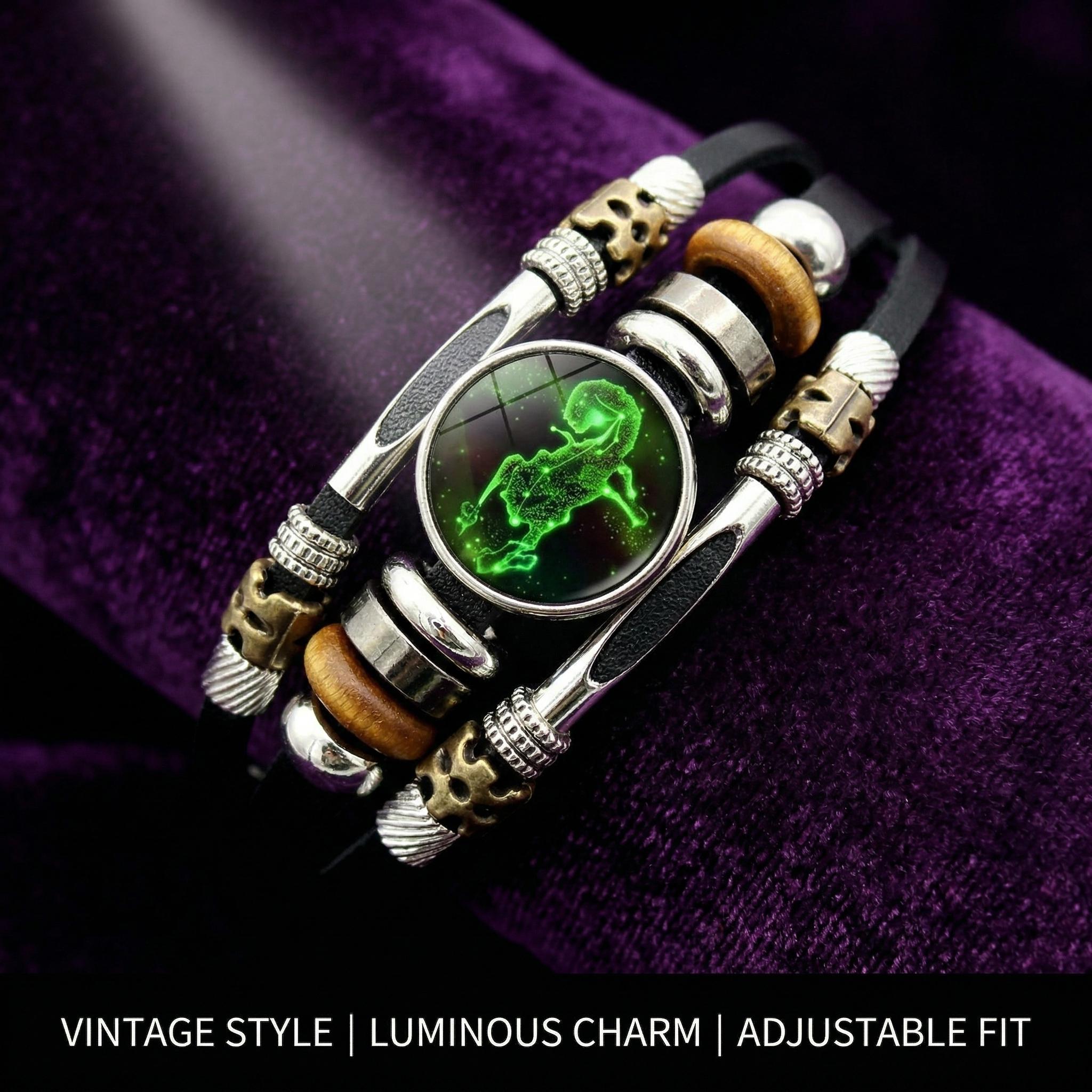 Glow-in-the-Dark 12 Zodiac Signs Leather Bracelet for Women 6.9in/8.1in Fashion Jewelry, Gifts Accessory