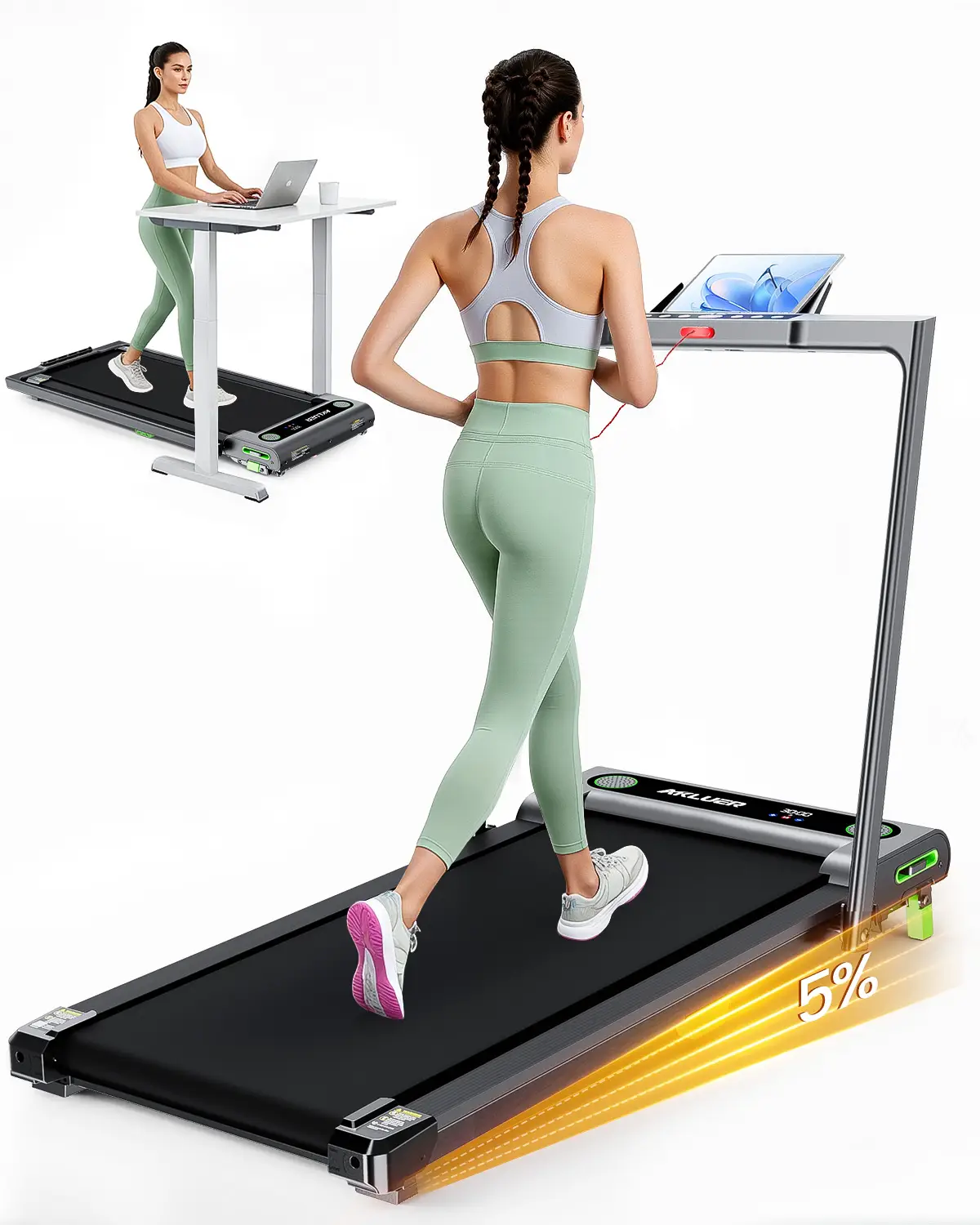 [Foldable Handle Bar with 5% Incline Treadmill] Akluer Walking Pad,Foldable Handle Bar ,large-area rubber running belt,Top speed reaches 7.6MPH ,Remot