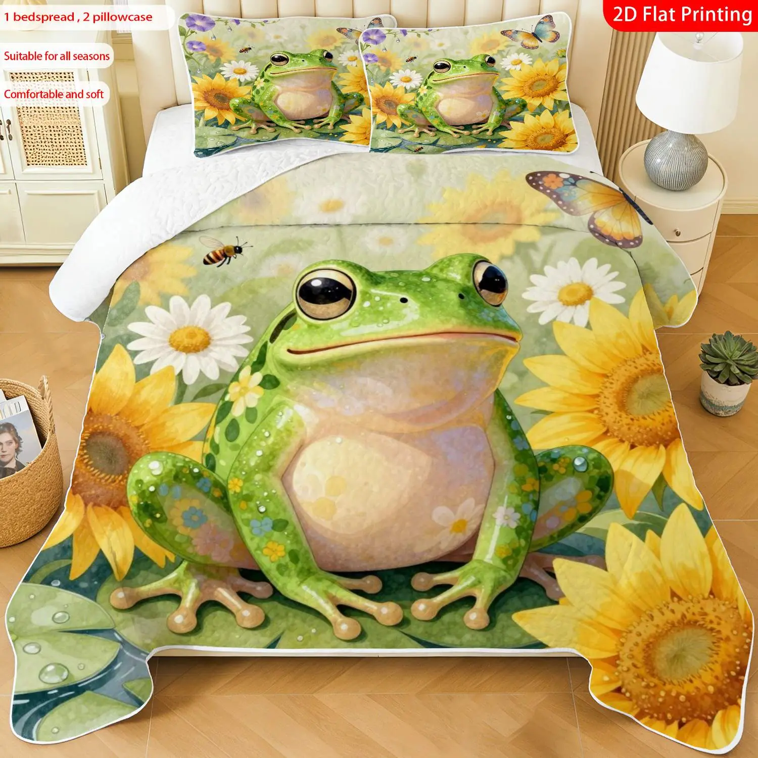 3 pcs, 2D Flat Print Frog Sunflower Butterfly Nature Bedspread Set, Soft and Comfortable, Multiple Sizes Available, Suitable for Gifting and Daily Use, Ideal for Creating a Cozy Home Atmosphere(1 bedspread , 2 pillowcases)