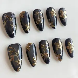 Elegant Black Press On Nails with Gold Floral Design, Handmade Vintage Glam Nails with Pearls, Reusable Luxury Nail Art Set, Daily Nails.