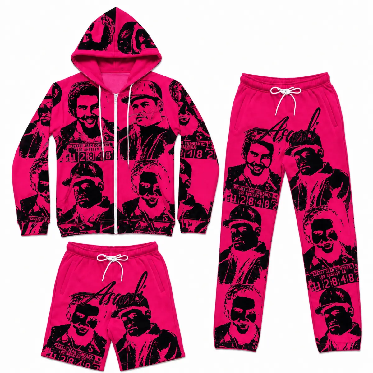 Asali Vintage Mugshot Graphic 3 Piece Tracksuit Set, Zip Up Hoodie Jogger Pants & Shorts, Urban Streetwear Matching Outfit