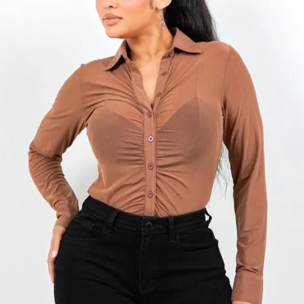 Women's Brown Casual Chic Sheer Blouse, Comfy Casual Long Sleeve Button-Up Shirts in Polyester Spandex, Casual Chic Top