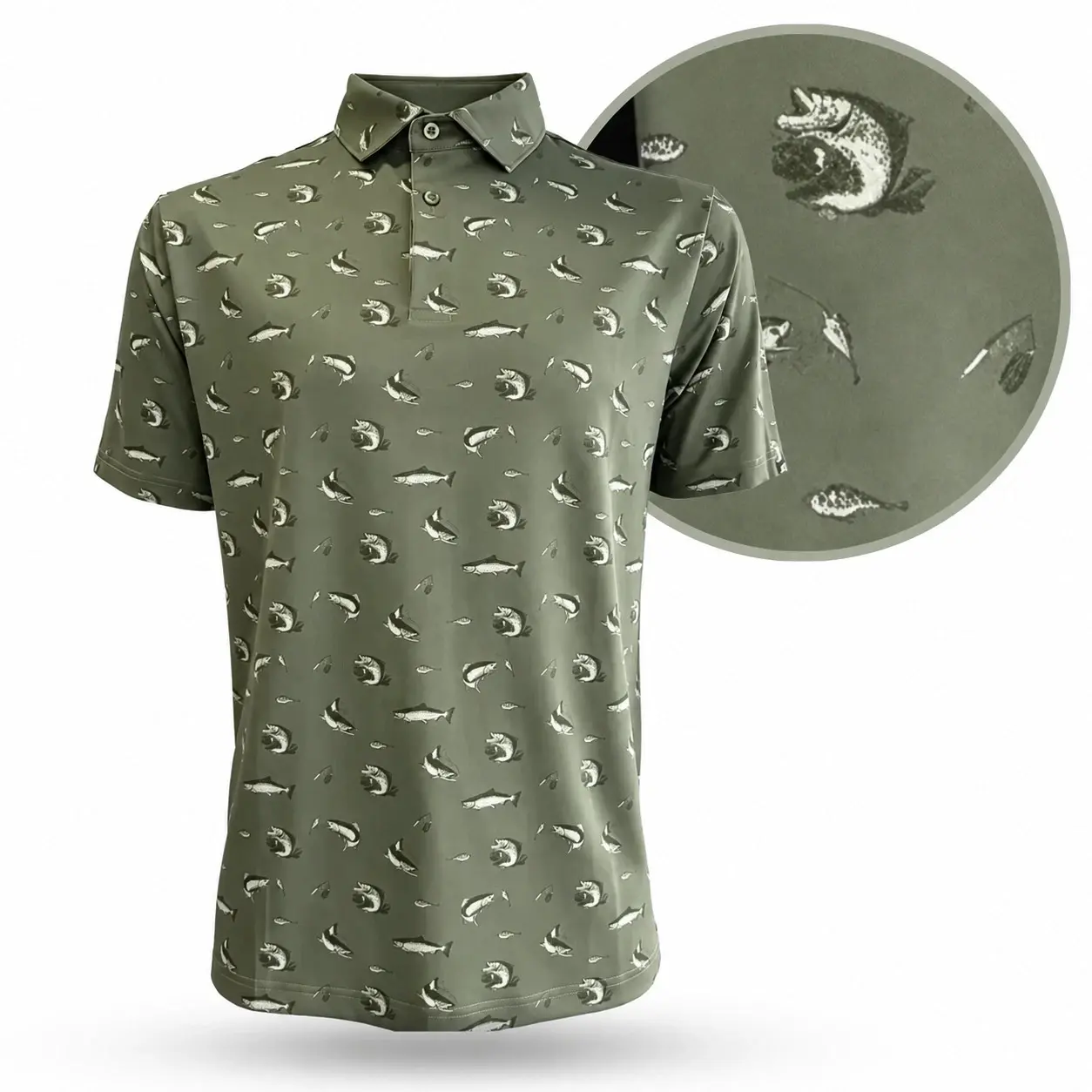 Gone Fishin Golf Polo Shirt Green Bass Fishing Performance Moisture Wicking Top