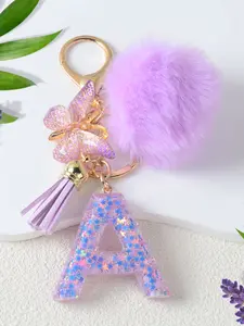 Dreamy Girl Heart Letter Keychain, A-Z Initial Glitter Star Resin Pendant, Soft Plush Butterfly Tassel Bag Charm, Cute Gift for Friends