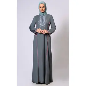 Feminine Flourish: Embroidered Front Zip Grey Abaya