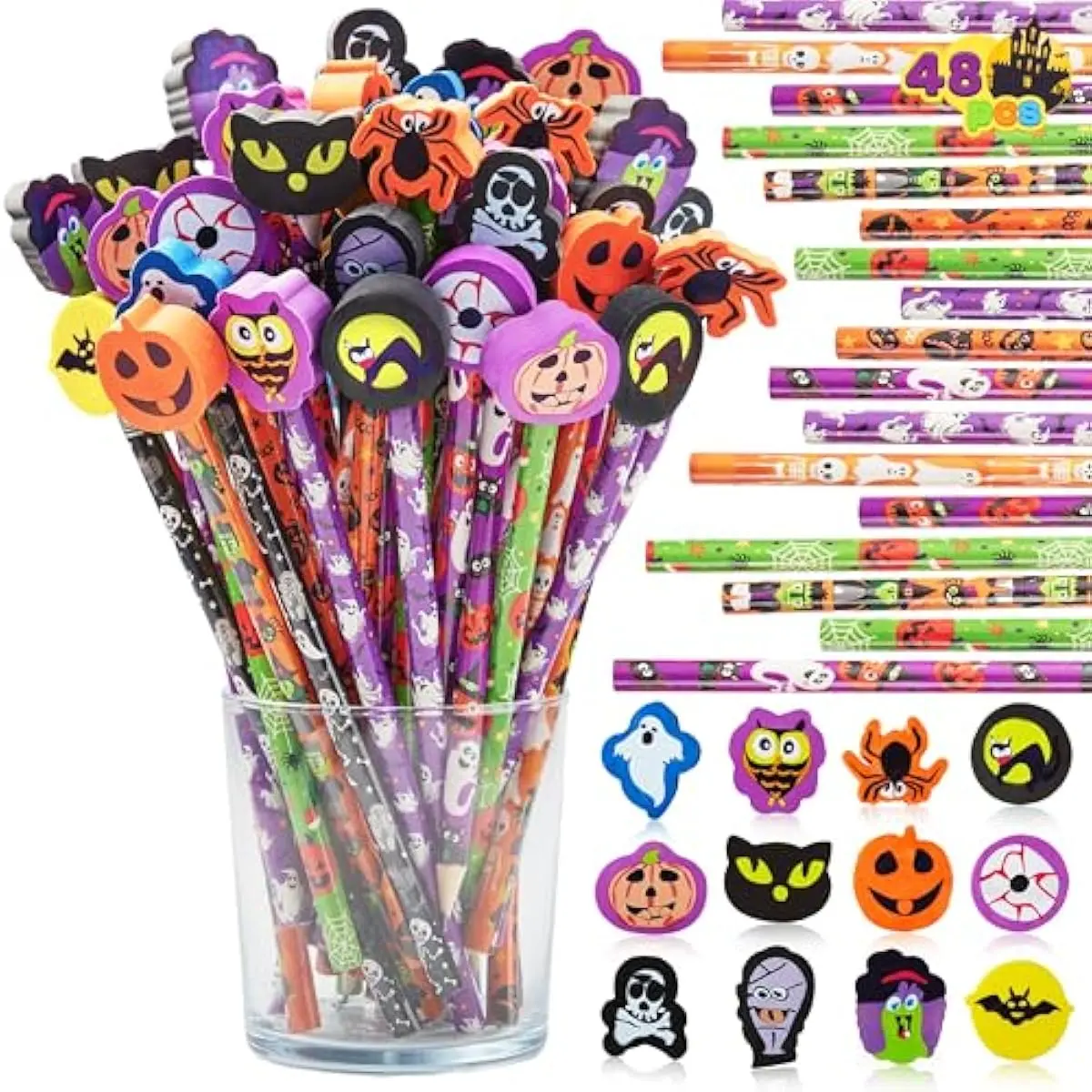 48PCS Halloween Pencils with Erasers Stationery Set, 48 Colorful Pencils Assortment for Kids in 6 Designs, 48 Giant Erasers in 12 Style, Halloween Party Favor Supplies, Classroom Prizes Gifts