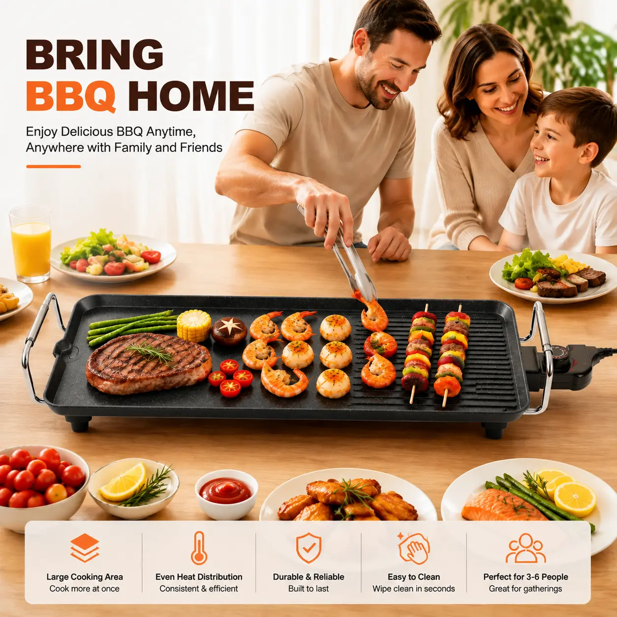 1500W Power Large Non-Stick Electric BBQ Griddle, Table Top Grill for Indoor/Outdoor, Camping Cooking-4693