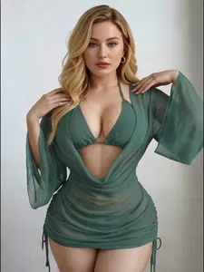 New Plus Size Sexy Bikini Set, Swimwear Set, Solid Color Four-Piece, Beach Pool Party, Comfortable, Tummy Control, BBQ, Beach Walk, Limited Time Sale