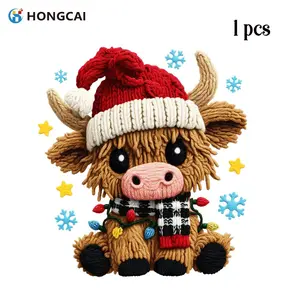 Cute Highland Cow Vinyl Transfer Set, Christmas Decoration Pattern, Santa Hat, Checkered Scarf, Colorful Christmas Lights, Christmas Ornaments