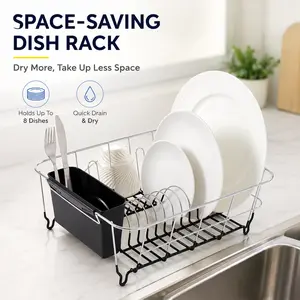 2 Piece Dish Drying Rack Set Drainer with Utensil Holder Simple Easy to Use Fits in Most Sinks, 14.5" x 13" x 5.25", Black