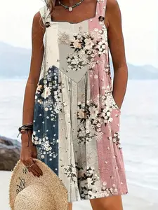 Fashion Patchwork Floral Overalls Romper Plus Size Casual Sleeveless Loose Fit Jumpsuit, Lightweight Breathable Fabric, Y2K Clothes Summer Vacation Outfits, Trendy Beach Daily Wear, Comfortable Relaxed Fit Bohemian Ensembles, Stylish Mixed Pattern Detai