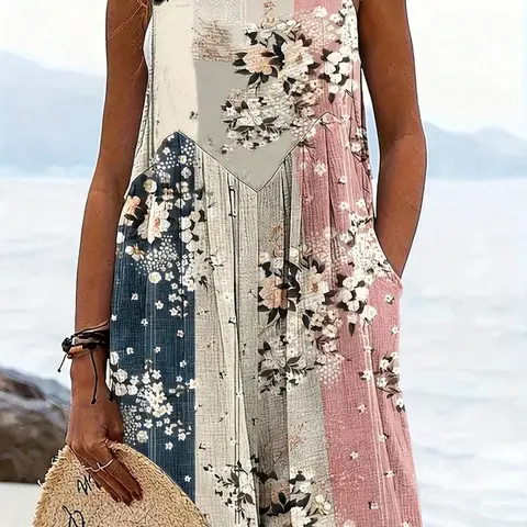 Plus Size Women's Lightweight Breathable Patchwork Floral Sleeveless Loose Fit Boho Bohemian Romper, Y2K Summer Beach Daily Wear Tropical Print Jumpsuit