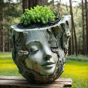 Handcrafted Resin Girl Face Flower Pot - Rustic Wood Texture Design Irregular Shape Indoor Decor Unique Artisanal Craft