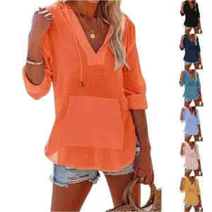 Imily Bela Women's Beach Cover Up hoodies sweatshirt Long Sleeve V Neck Pocketed Hooded Shirt Top Casual