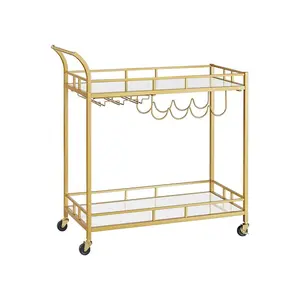 VASAGLE Bar Cart Gold, Home Bar Serving Cart, Wine Cart with 2 Mirrored Shelves, Wine Holders, Glass Holders, for Kitchen, Dining Room