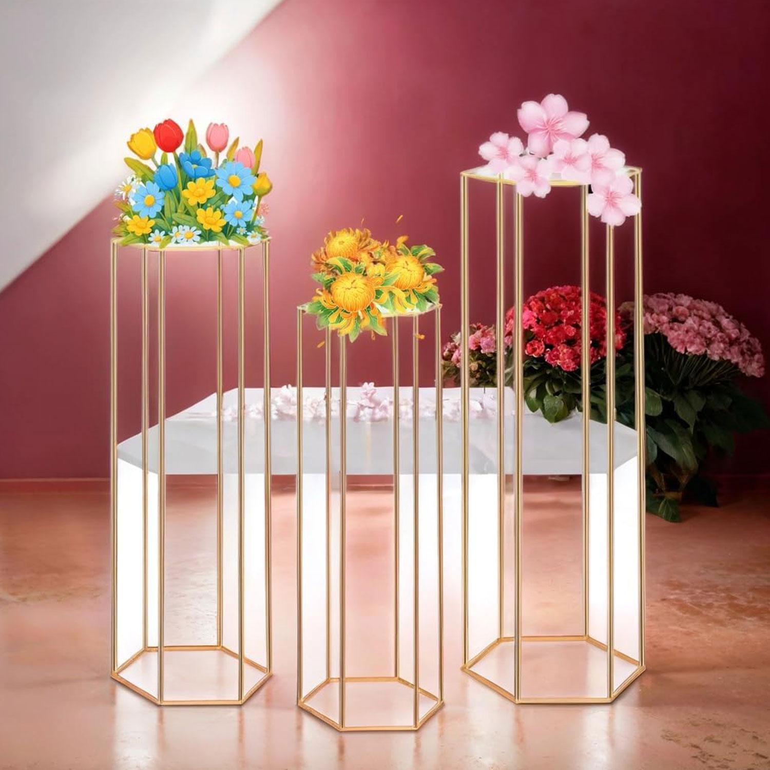 3PCS Cylinder Pedestal Stands for Parties, Hexagon Gold Metal Plant Round Cylinder Stands for Party Flowers, Display Columns Pedestal Stand Cylinder Tables for Vases Birthday Party Backdrop Decorations