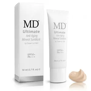 MD Tinted Mineral Sunblock Cream, SPF 50/PA+++, 1.7 fl oz (50 ML) Waterproof Titanium-Infused Lightweight UV Sun Protection, Anti-Aging Fragrance-Free Sensitive-Skin Facial Makeup Sunscreen for Daily Adult Use