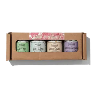 J.T. Copper Barista Syrup Box - 4 Flavors with Recipe Card - Sweet Mint, Vanilla Bean, Amber Caramel & Single Origin Chocolate - Perfect for Coffee or Hot Chocolate