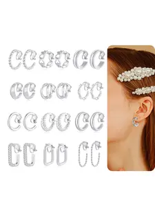12 Pairs Clip on Hoop Earrings for Women Geometric Round Twist Chunky Hoop Earrings No Piercing Fake Earrings Gold Silver Tone