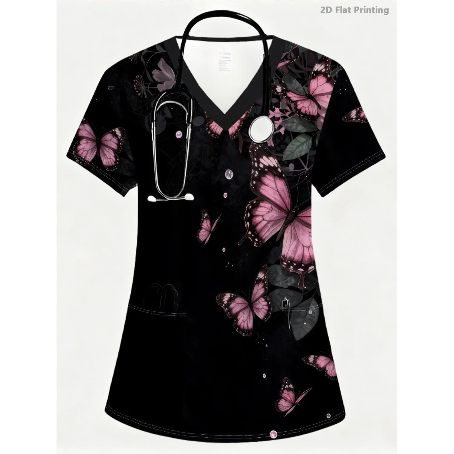 Women's V-Neck Nurse Uniform Top with Pink Butterflies and Floral Print on Black, White Base, Two Pockets - Ideal for Female Nursing Professionals in Dental and Beauty Salons