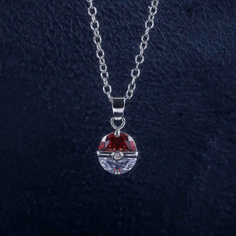 Anime Inspired Red White Ball Pendant Necklace for Women Men Teens, Sparkly CZ Inlaid Creative Cartoon Short Chain Necklace, Cute Dainty Fashion Jewelry for Daily Wear Cosplay Party Birthday Gift