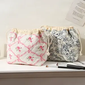 Cotton Quilted Drawstring Makeup Bag with Canvas Lining, Aesthetic Cute Travel Toiletry Bag,Drawstring Gift Bag for Women and Girls