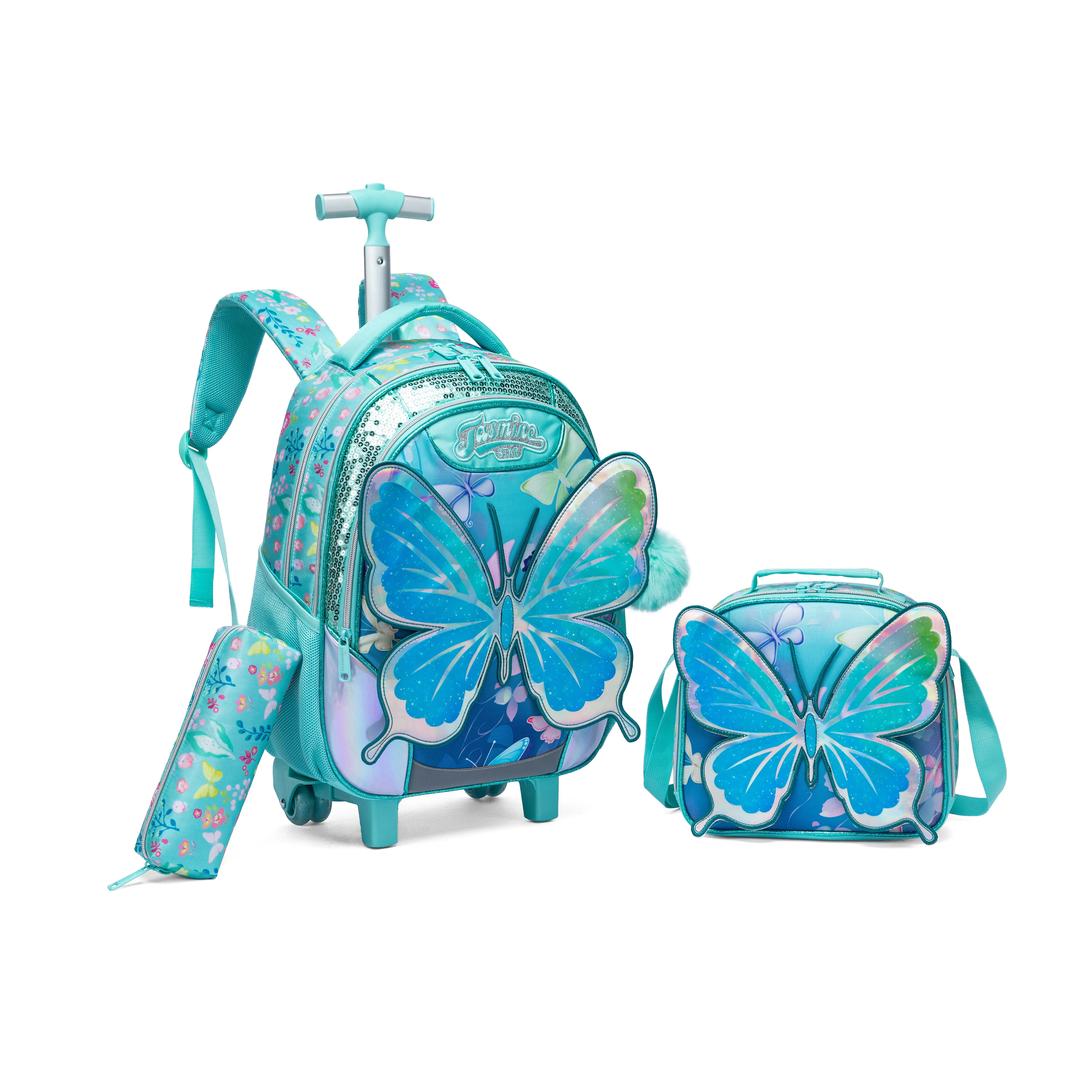 Girls' Sweet Cute Waterproof 3-Piece 3D Butterfly Rolling Backpack Set, Iridescent Teal & Blue Sequined Bookbag with Lunch Box & Pencil Case, Wheeled Trolley for Back to School Haul, School Use, Inline Skate, Rolling Backpacks, Graphic, Trolley Bag, Nylon