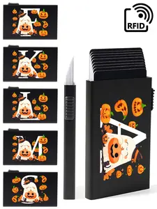 1pc RFID printed letters Halloween element print smart wallet credit card holder metal thin seedling strip men's and women's wallet pop-up minimalist wallet small black wallet metal wallet