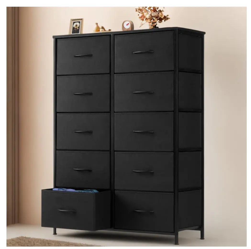 GIANNA Dresser for Bedroom with 10 Drawers, Tall Chest Organizer with Fabric Bins, Freestanding Storage Cabinet, Black