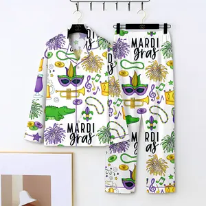 Mardi Gras Satin Pajama Set, Long Sleeve Button Up Sleepwear, Carnival Party Print Silky Nightwear for Women